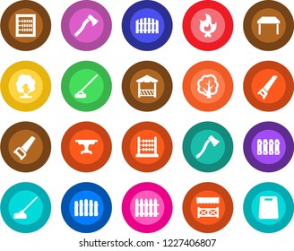 Round color solid flat icon set - fence vector, tree, saw, fire, hoe, axe, abacus, table, alcove, cutting board