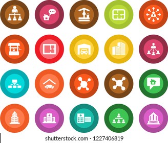 Round color solid flat icon set - hierarchy vector, well, molecule, hospital, office building, garage, plan, home message