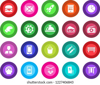 Round color solid flat icon set - reception bell vector, mobile phone, bucket, glove, bench, tomography, container, radio, root setup, pie graph, mailbox, estate agent, restaurant receipt, kebab