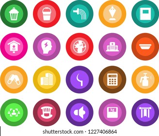 Round color solid flat icon set - pennant vector, brainstorm, bucket, watering, sickle, garden light, bird house, sprayer, scales, pills, hospital, earth, speaker, copybook, office building, hr