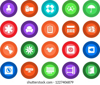 Round color solid flat icon set - patch vector, ambulance star, broken bone, virus, cash, truck trailer, umbrella, film frame, video camera, rewind, compass, clipboard, hr, handshake, stamp, alcove