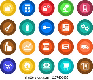 Round color solid flat icon set - baby room vector, gear, calculator, ladder, tree, saw, well, car delivery, microphone, point graph, key, candle, credit card, wireless lock, combination, group