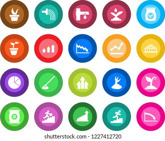 Round color solid flat icon set - growth statistic vector, seedling, watering, sproute, hoe, greenhouse, fertilizer, drip irrigation, pie graph, point, career ladder, arrow up, crisis