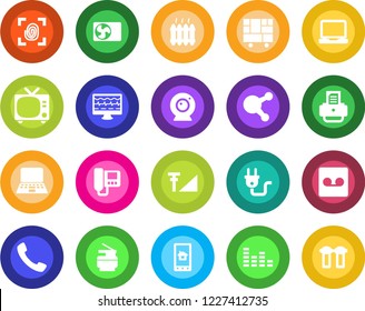 Round color solid flat icon set - tv vector, notebook pc, printer, monitor pulse, consolidated cargo, equalizer, laptop, share, call, record, cellular signal, copier, heater, air conditioner