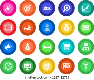 Round color solid flat icon set - house with tree vector, sun panel, plan, rooms, low price signboard, estate search, bedroom, target, palm sproute, money bag, clock, growth graph, cart, hierarchy