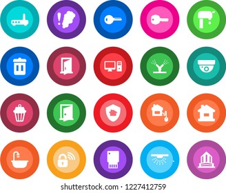 Round color solid flat icon set - house vector, water supply, key, bathroom, home control, wireless lock, irrigation, router, pc, smoke detector, outdoor lamp, protect, trash bin, door, usb flash
