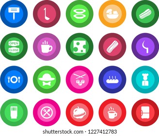 Round color solid flat icon set - sickle vector, plant label, diet, coffee, cook, cafe, drink, salad, plates, bacon, bread, dress code, open close, ladle, sushi, cheese, fridge