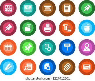 Round color solid flat icon set - contract vector, document search, drawing pin, calendar, reload, printer, plant label, folder, paper clip, binder, copier, stapler, cash, schedule