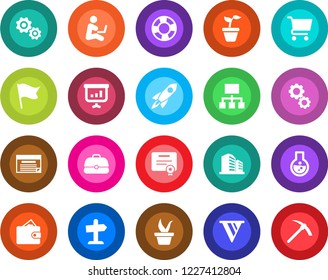 Round color solid flat icon set - seedling vector, gear, rocket, wallet, pennon, cart, flask, flag, case, schedule, hierarchy, crisis management, certificate, presentation, man with notebook