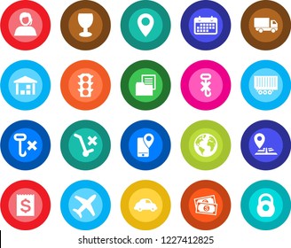 Round color solid flat icon set - navigation vector, earth, pin, plane, cash, traffic light, support, mobile tracking, truck trailer, car delivery, term, receipt, folder document, fragile, hook
