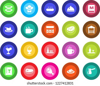 Round color solid flat icon set - dish vector, alcohol, serviette, wine card, menu, cocktail, coffee, plates, egg stand, bread, dress code, alcove, chicken, steak, ham, turkish