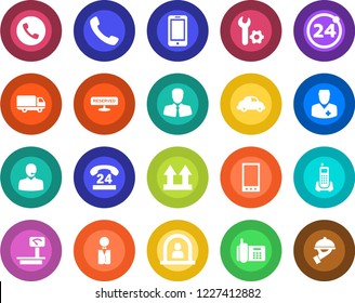 Round color solid flat icon set - 24 around vector, phone, reception, mobile, doctor, office, hours, client, car delivery, up side sign, heavy scales, call, root setup, support, waiter, reserved