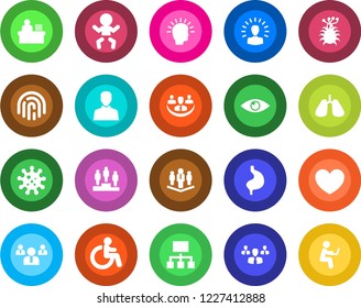 Round color solid flat icon set - baby vector, disabled, pedestal, team, heart, stomach, lungs, eye, virus, user, fingerprint id, company, manager desk, group, shining head, hierarchy