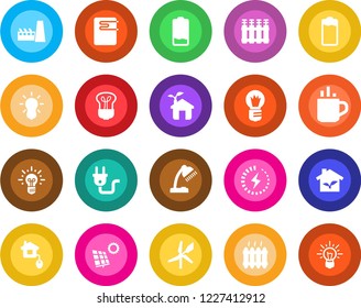 Round color solid flat icon set - hot cup vector, bulb, battery, low, charge, desk lamp, sun panel, heater, factory, home control, eco house, power plug, water, radiator, windmill, idea