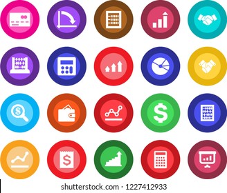 Round color solid flat icon set - credit card vector, handshake, growth statistic, dollar sign, abacus, crisis graph, receipt, calculator, pie, point, arrow up, wallet, money search, presentation