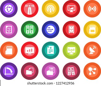 Round color solid flat icon set - antenna vector, office binder, crisis graph, statistic monitor, document reload, diagnosis, folder, satellite, sd, network, statistics, archive box, wireless