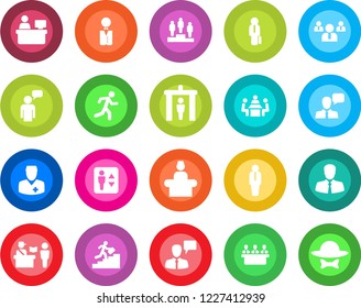 Round color solid flat icon set - passport control vector, security gate, elevator, reception, manager, speaking man, pedestal, team, place, run, doctor, client, speaker, meeting, career ladder