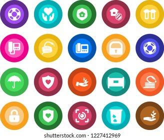 Round color solid flat icon set - fence vector, trash bin, hose, heart shield, hand, umbrella, lock, eye id, estate insurance, intercome, water filter, palm sproute, crisis management