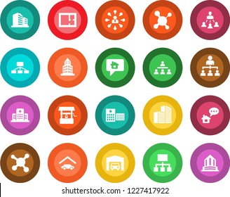 Round color solid flat icon set - hierarchy vector, well, molecule, hospital, office building, garage, plan, home message