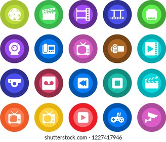 Round color solid flat icon set - clapboard vector, film frame, reel, tv, gamepad, video camera, play button, stop, rewind, hdmi, record, web, intercome, surveillance