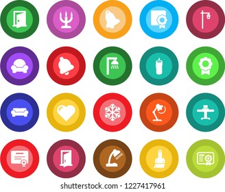 Round color solid flat icon set - garden light vector, heart, themes, bell, sertificate, desk lamp, cushioned furniture, restaurant table, candle, snowflake, outdoor, door, certificate