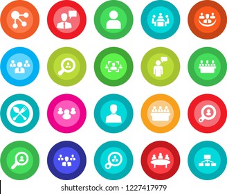 Round color solid flat icon set - spoon and fork vector, speaking man, team, meeting, group, user, company, hr, client search, consumer, social media, hierarchy