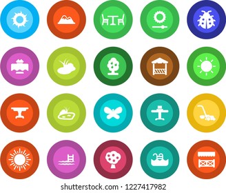 Round color solid flat icon set - cafe vector, sun, lawn mower, butterfly, lady bug, pond, brightness, pool, fruit tree, mountains, table, restaurant, alcove