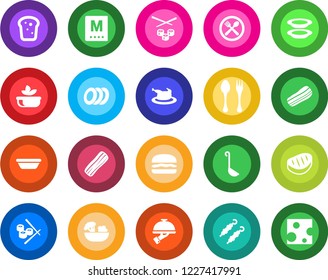 Round color solid flat icon set - spoon and fork vector, cafe, menu, salad, plates, bacon, waiter, bread, chicken, steak, kebab, hamburger, ladle, bowl, sushi, cheese