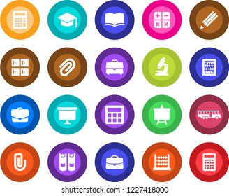 Round color solid flat icon set - airport bus vector, checkroom, book, calculator, graduate, abacus, presentation board, microscope, case, paper clip, pencil