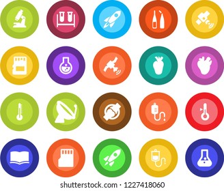 Round color solid flat icon set - satellite antenna vector, book, blood test vial, dropper, microscope, ampoule, real heart, joint, sd, thermometer, rocket, flask