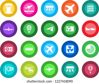 Round color solid flat icon set - plane vector, airport tower, departure, wind, radar, helicopter, seat map, air conditioner, fan, paper, balloon