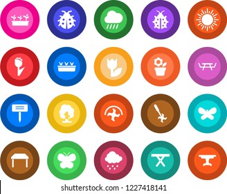 Round color solid flat icon set - sun vector, flower in pot, ripper, tree, butterfly, lady bug, seedling, rain, plant label, picnic table, tulip