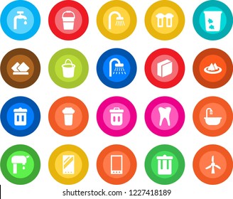 Round color solid flat icon set - trash bin vector, shower, bucket, tooth, mobile, blank box, water supply, bathroom, serviette, filter, windmill