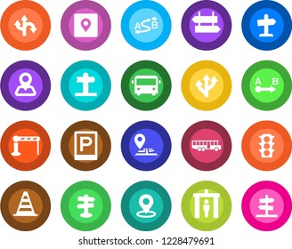 Round color solid flat icon set - airport bus vector, parking, barrier, security gate, signpost, border cone, route, navigation, traffic light, place tag, guidepost