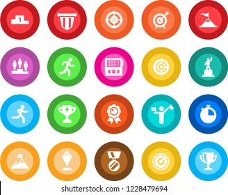 Round color solid flat icon set - dispatcher vector, pedestal, pennant, medal, run, stopwatch, target, motivation, award cup