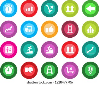 Round color solid flat icon set - elevator vector, alarm clock, left arrow, fork loader, ladder, up side sign, no trolley, finger, down, career, graph, growth, air balloon