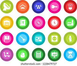Round color solid flat icon set - satellite antenna vector, rake, medical calendar, important flag, no trolley, clock, compass, calculator, copier, manager, garage, key, factory, wine card, socket