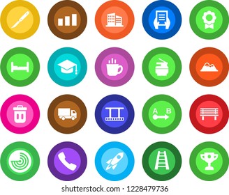 Round color solid flat icon set - radar vector, graduate, document, ladder, bench, scalpel, car delivery, sorting, route, film frame, call, sertificate, copier, mountains, office building, bedroom