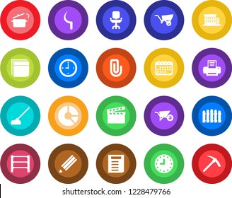 Round color solid flat icon set - document vector, circle chart, fence, wheelbarrow, hoe, sickle, clock, rack, clapboard, paper clip, office chair, blank box, printer, pencil, building, steaming pan