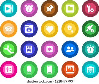 Round color solid flat icon set - elevator vector, escalator, abacus, heart, satellite, group, paper pin, low battery, fast forward, phone back, alarm, scanner, folder, video, photo gallery