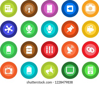 Round color solid flat icon set - camera vector, satellite antenna, loudspeaker, settings, tv, video, microphone, cell phone, share, chain, paper pin, low battery, rewind, archive chest, news