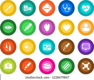 Round color solid flat icon set - smoking place vector, heart, pulse, monitor, doctor case, stethoscope, dropper, thermometer, pills, blister, ampoule, scalpel, real, eye, medical calendar, hospital