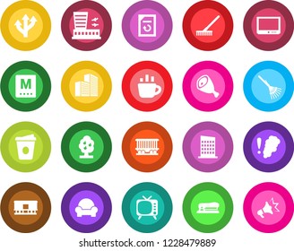 Round color solid flat icon set - airport building vector, coffee, document reload, rake, route, railroad, tv, office, stapler, fruit tree, cushioned furniture, city house, menu, ham, smoke detector