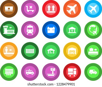 Round color solid flat icon set - plane vector, baggage conveyor, train, escalator, globe, airport building, ambulance car, truck trailer, cargo container, consolidated, up side sign, no trolley