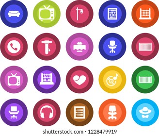 Round color solid flat icon set - phone vector, tv, office chair, abacus, tie, garden light, cargo container, headphones, heart, music, cushioned furniture, restaurant table, dress code
