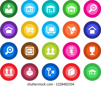Round color solid flat icon set - baggage trolley vector, fragile, cargo, warehouse storage, up side sign, no hook, package, search, scanner, blank box