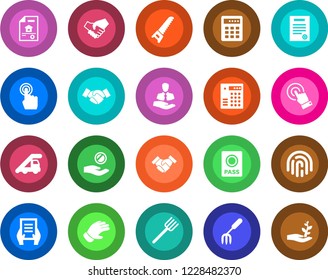 Round color solid flat icon set - passport vector, ladder car, handshake, document, garden fork, farm, glove, saw, client, touch screen, fingerprint id, contract, estate, combination lock