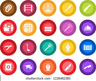 Round color solid flat icon set - passport control vector, farm fork, rake, wheelbarrow, pruner, garden knife, scalpel, container, oil barrel, rack, application, paper clip, ink pen, heater, dish