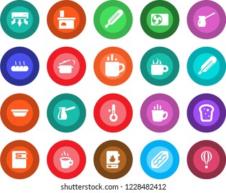 Round color solid flat icon set - hot cup vector, fireplace, thermometer, coffee, air conditioner, bread, dog, bowl, steaming pan, turkish, water heater, balloon