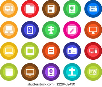 Round color solid flat icon set - passport vector, identity, notebook pc, document, pulse clipboard, signpost, monitor, laptop, folder, notes, blank box, sale, certificate